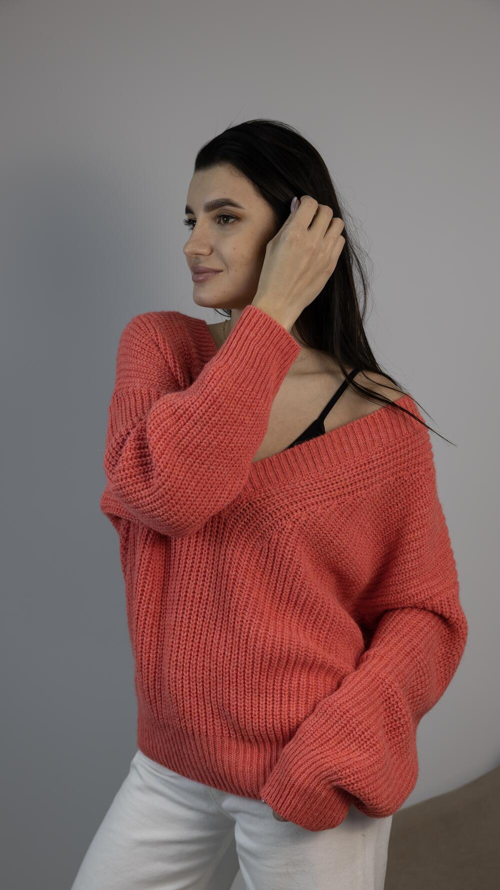 Светр з v вирізом грубої в‘язки Maglieria made in Italy Oversize, Рожевий