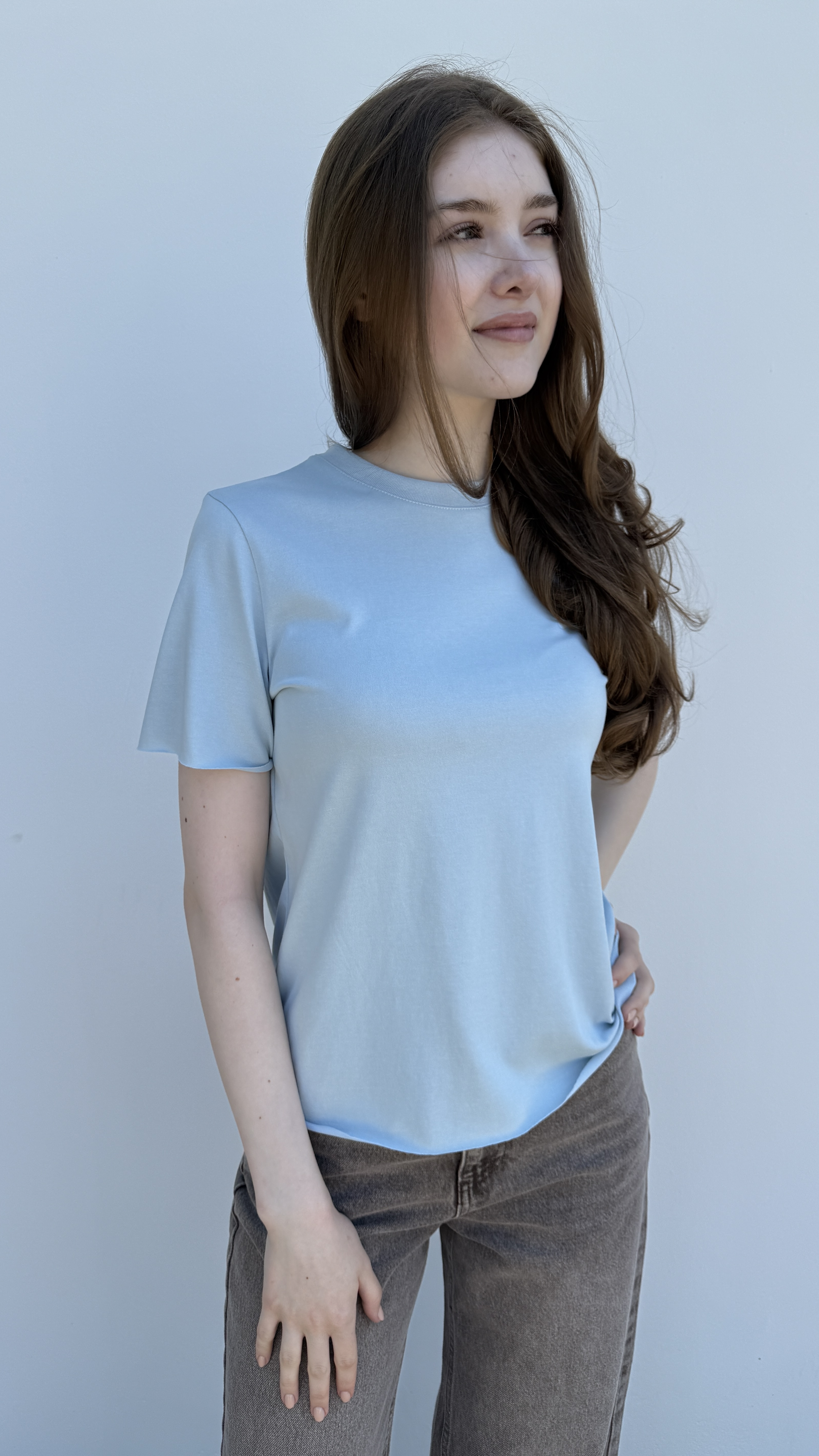 Футболка без принту, необроблений край Блакитний, Oversize