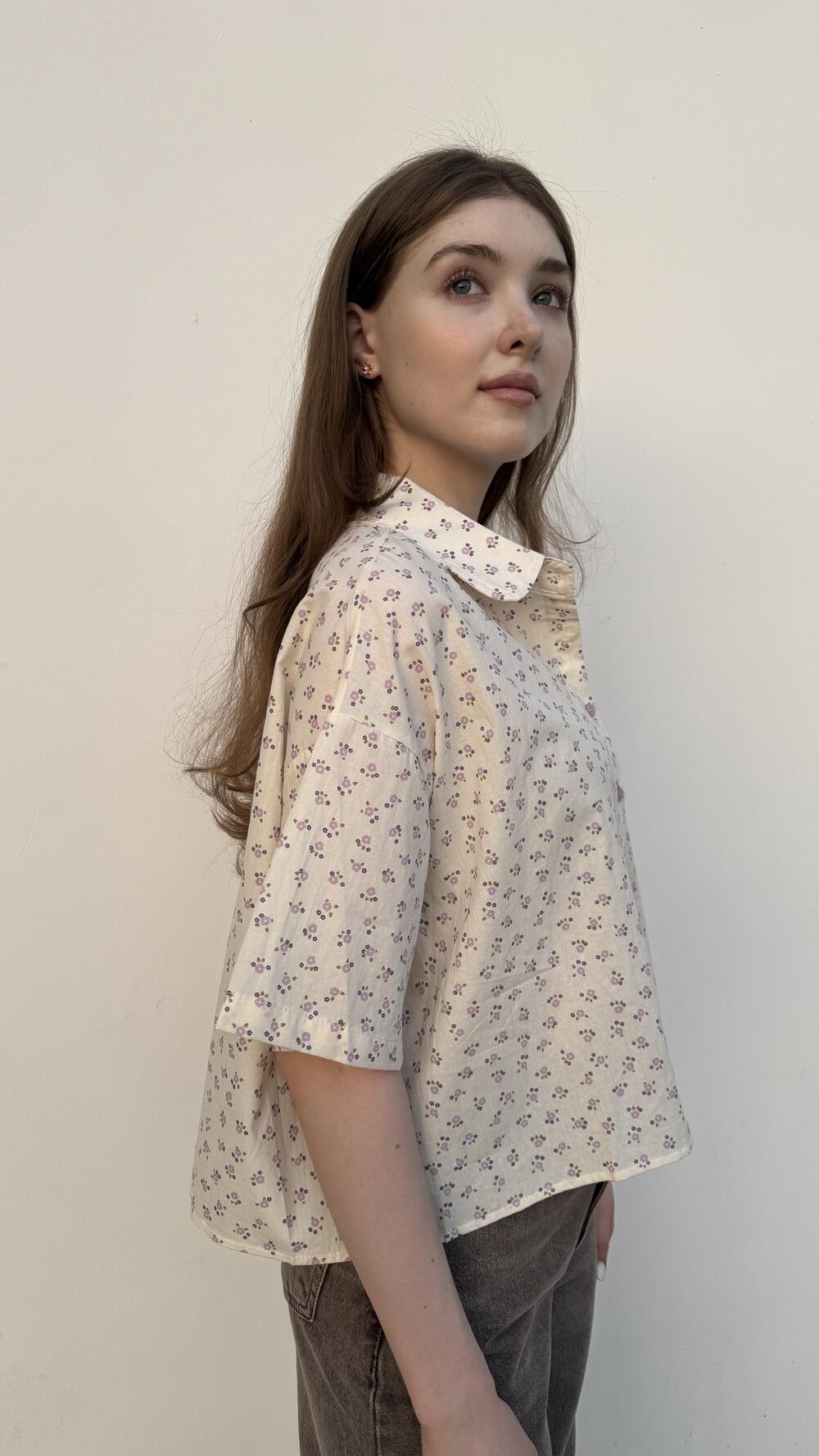 Сорочка з коротким рукавом з принтом квіточки Кремовий, Oversize