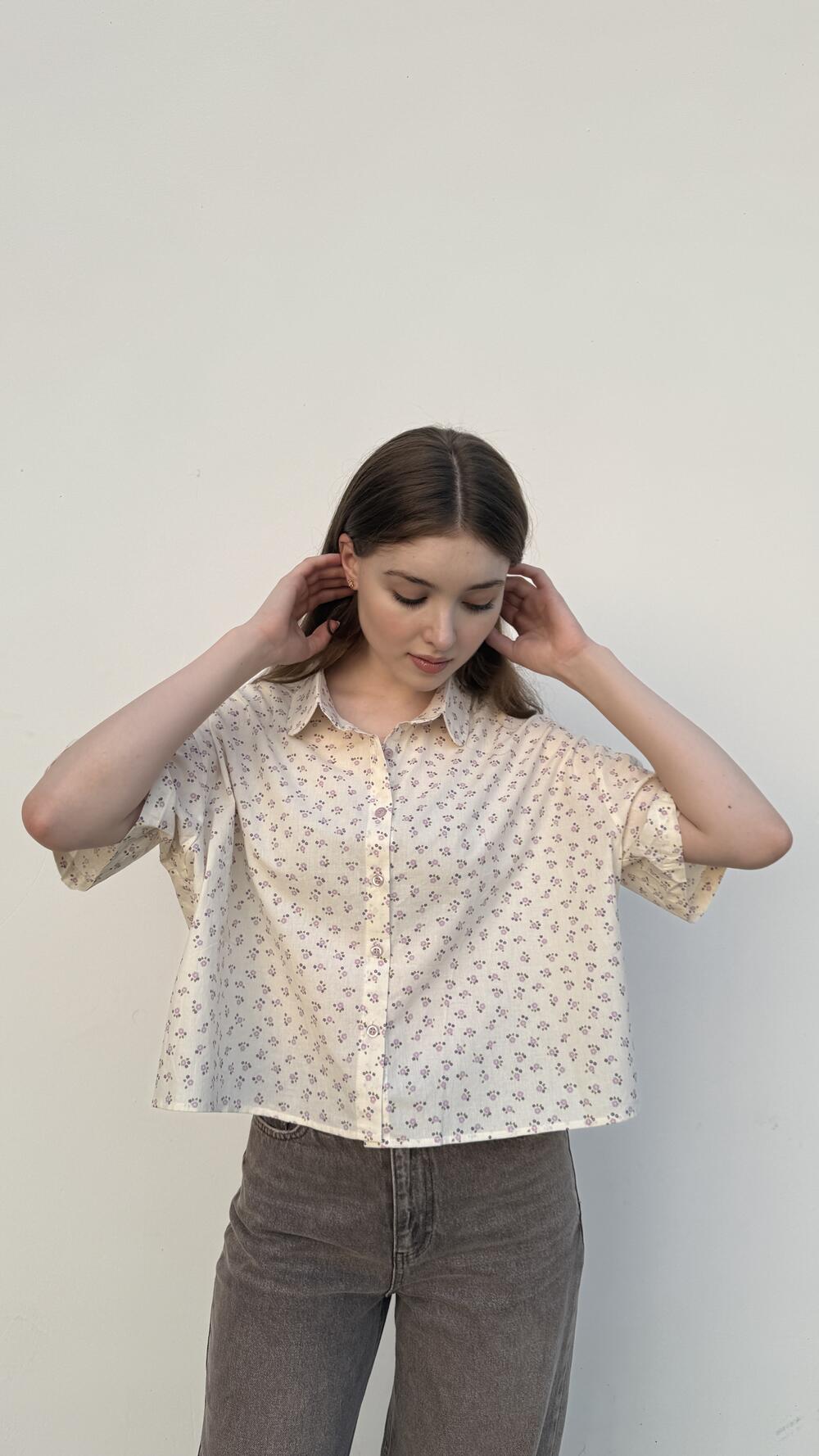 Сорочка з коротким рукавом з принтом квіточки Кремовий, Oversize
