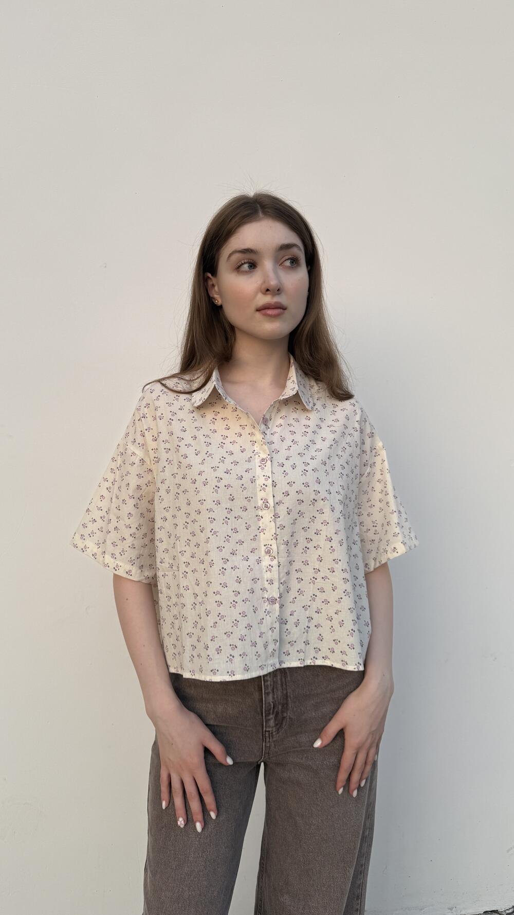 Сорочка з коротким рукавом з принтом квіточки Кремовий, Oversize