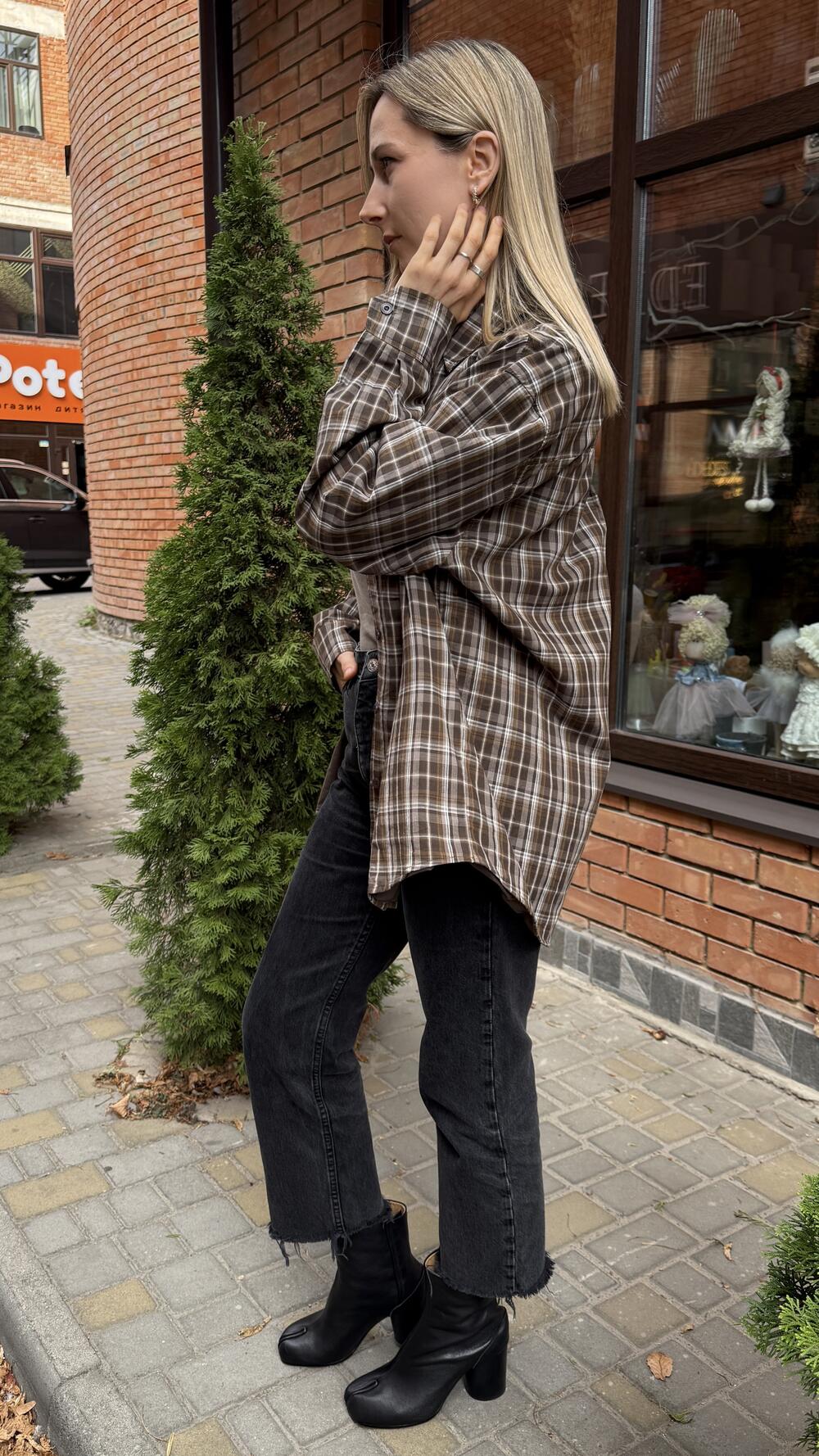 Сорочка у клітинку Хакі, Oversize
