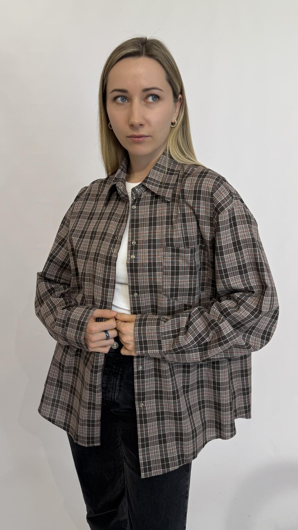 Сорочка у клітинку, обʼємна Шоколадний, Oversize