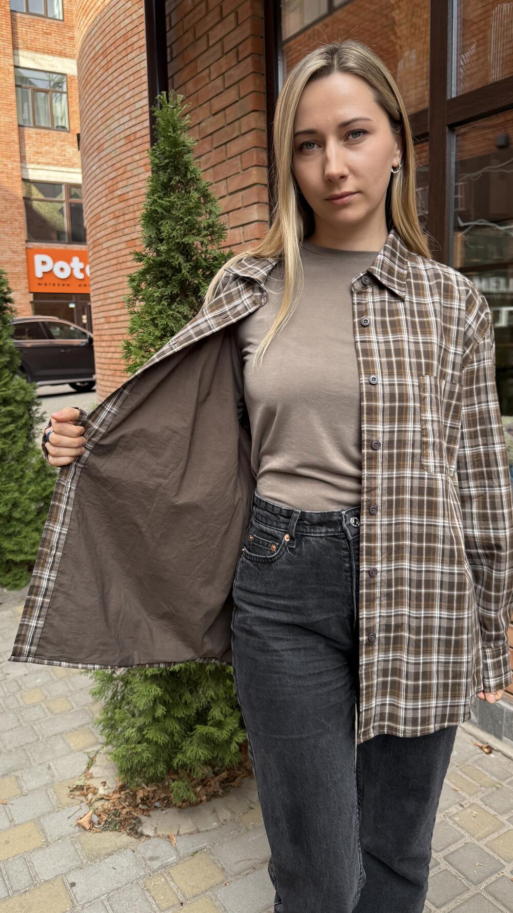 Сорочка у клітинку Хакі, Oversize