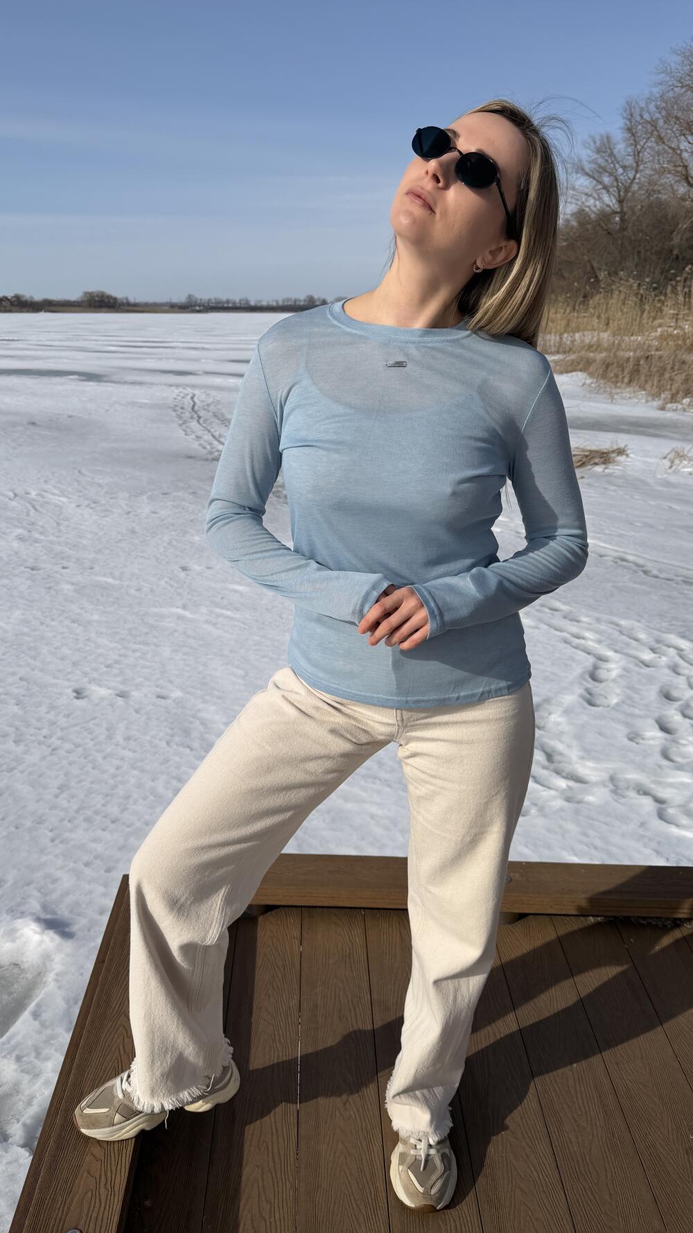 Лонг напівпрозорий з декором на грудях Блакитний, S/M