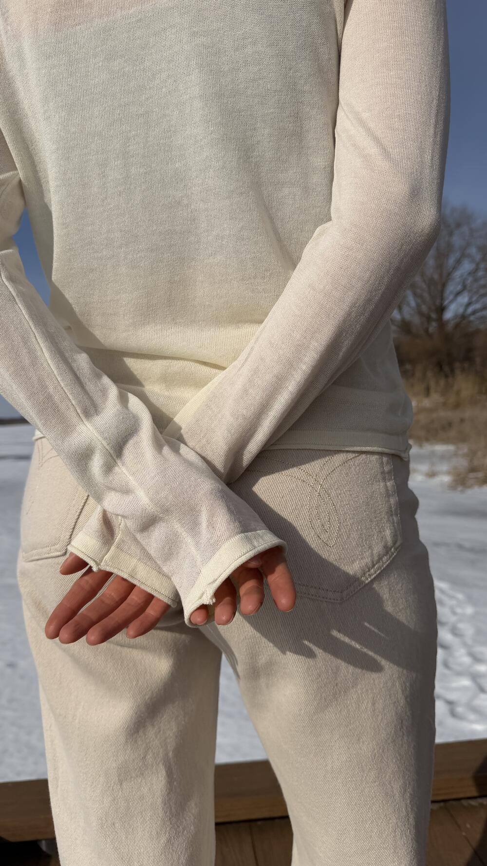 Лонгслів з тонкого трикотажу з круглим вирізом Кремовий, Oversize