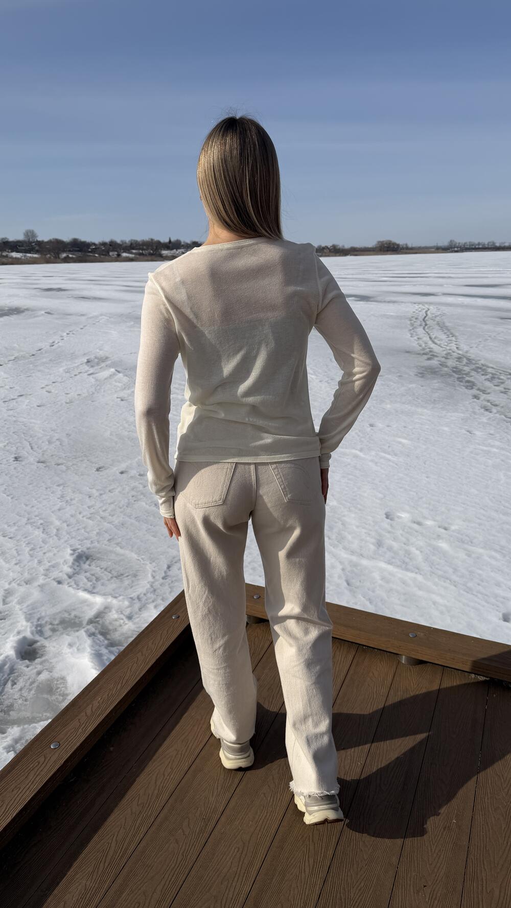 Лонгслів з тонкого трикотажу з круглим вирізом Кремовий, Oversize