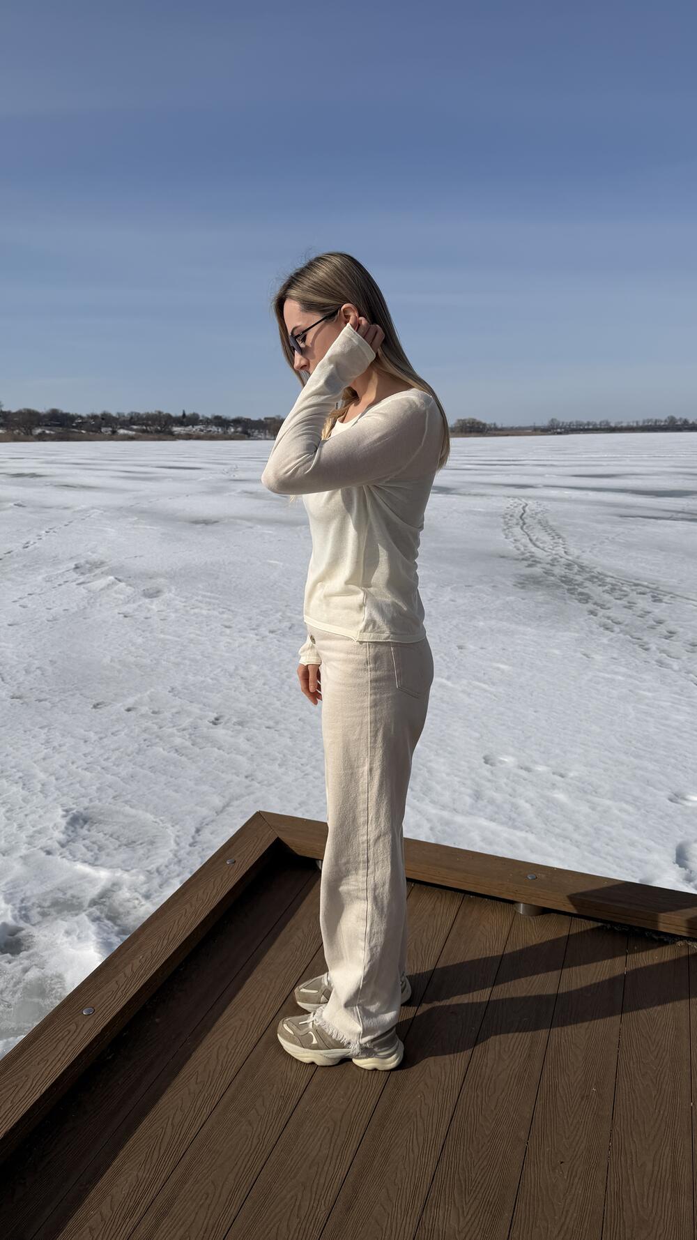 Лонгслів з тонкого трикотажу з круглим вирізом Кремовий, Oversize