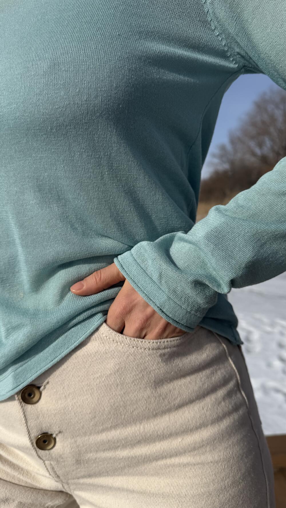 Лонгслів з тонкого трикотажу з круглим вирізом Бірюзовий, Oversize