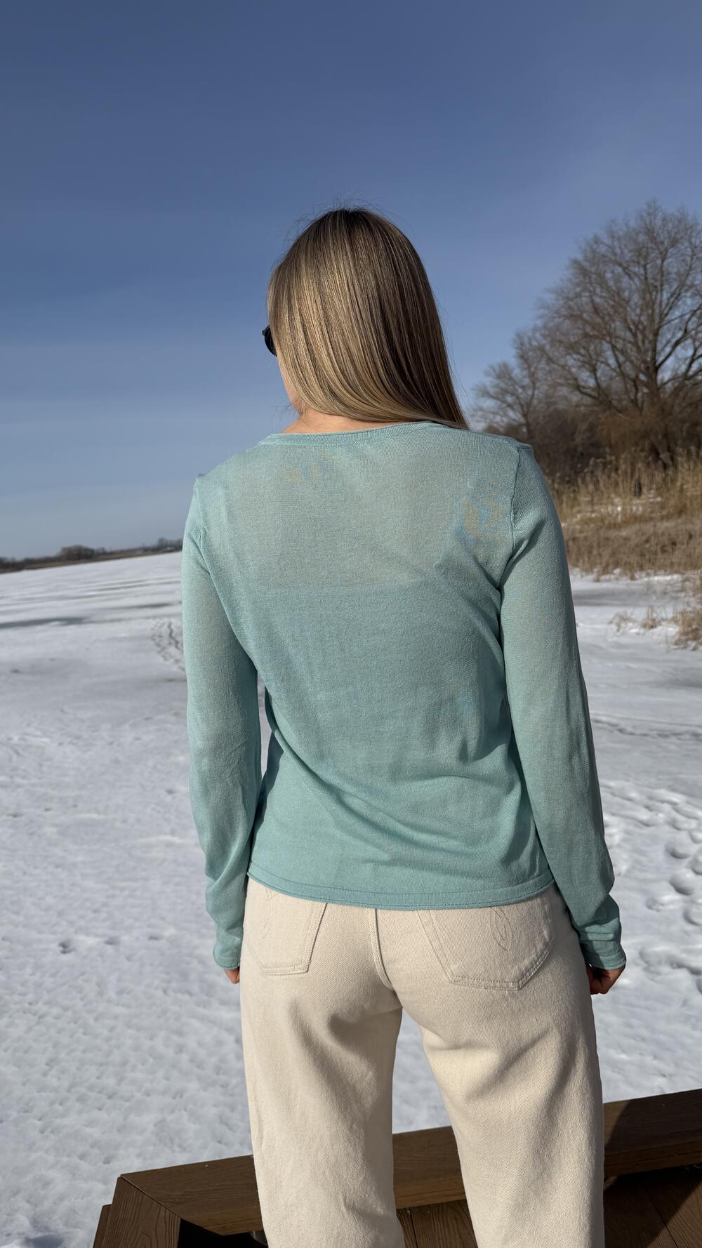 Лонгслів з тонкого трикотажу з круглим вирізом Бірюзовий, Oversize