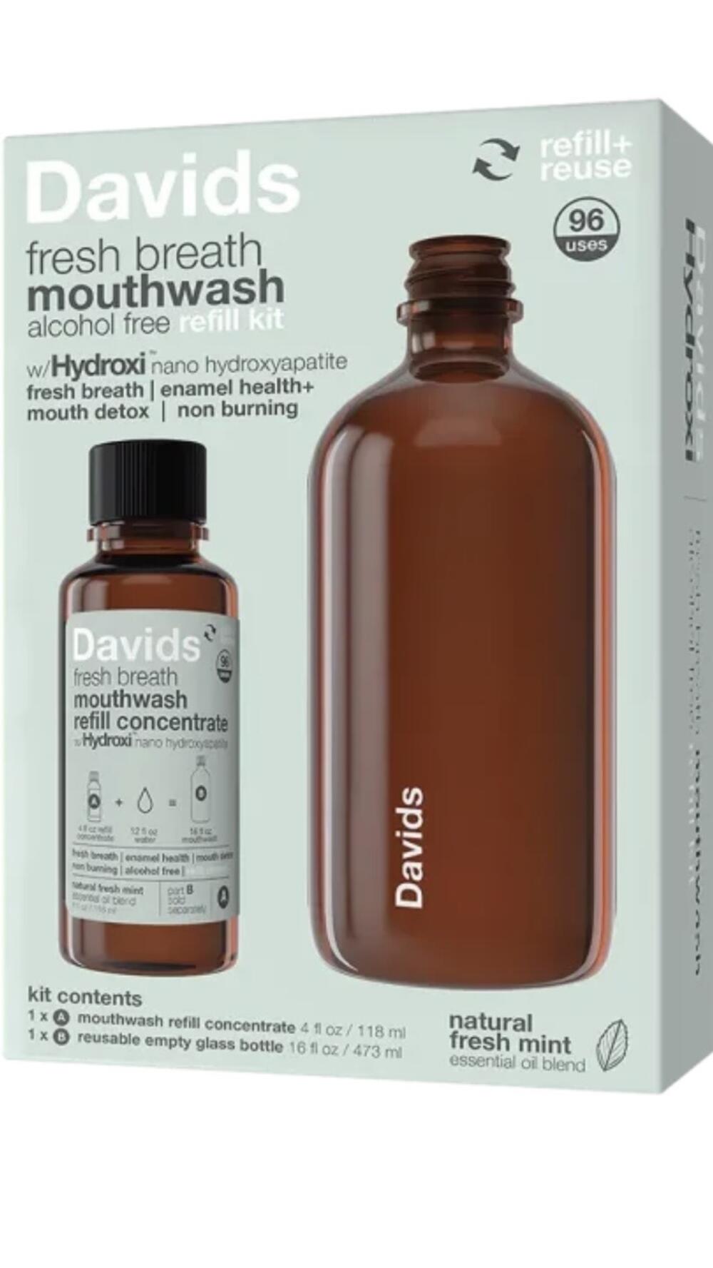 Ополіскув. Davids Hydroxi  / Натур.свіжа мʼята /повний набір для полоск. рота з  скляною пляшкою 