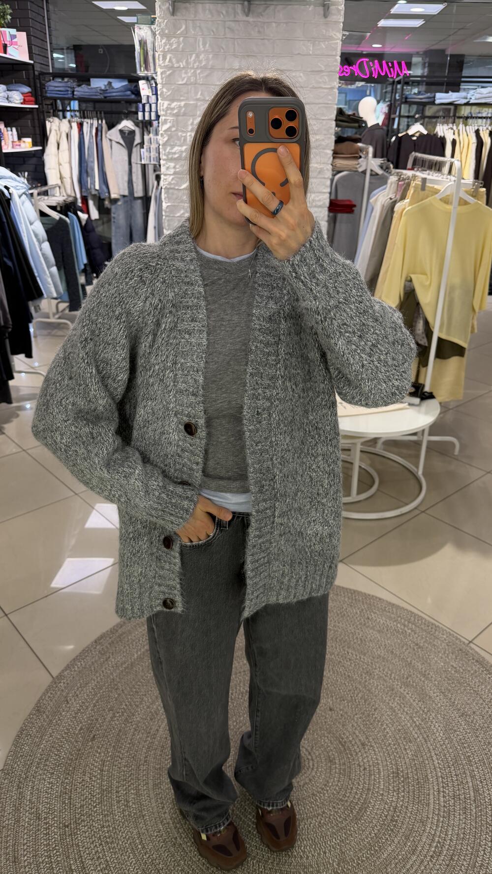 Кардиган з v вирізом та великими ґудзиками Сірий меланж, One size