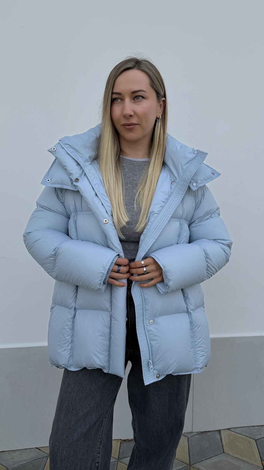 Куртка пухова 7009, стебана квадратами з капюшоном Блакитний, S