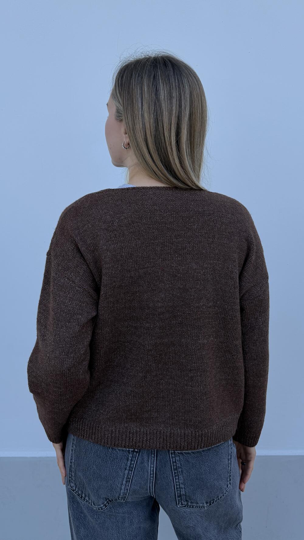 Светр з V вирізом меланжований Шоколадний, Oversize
