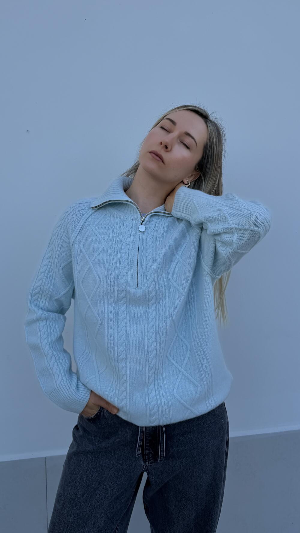 Светр подовжений, авіатор зі складн вʼязкою Блакитний, One size