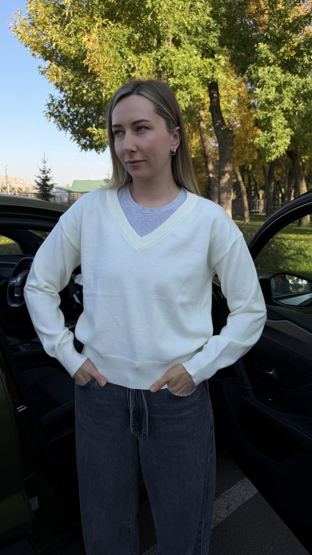Джемпер з v вирізом Кремовий, One size