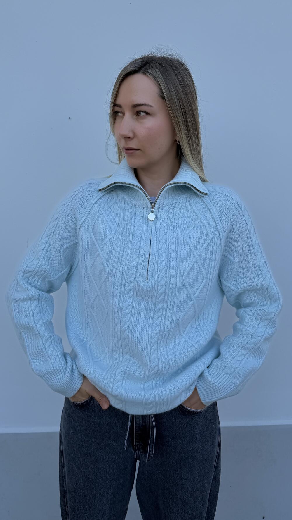 Светр подовжений, авіатор зі складн вʼязкою Блакитний, One size