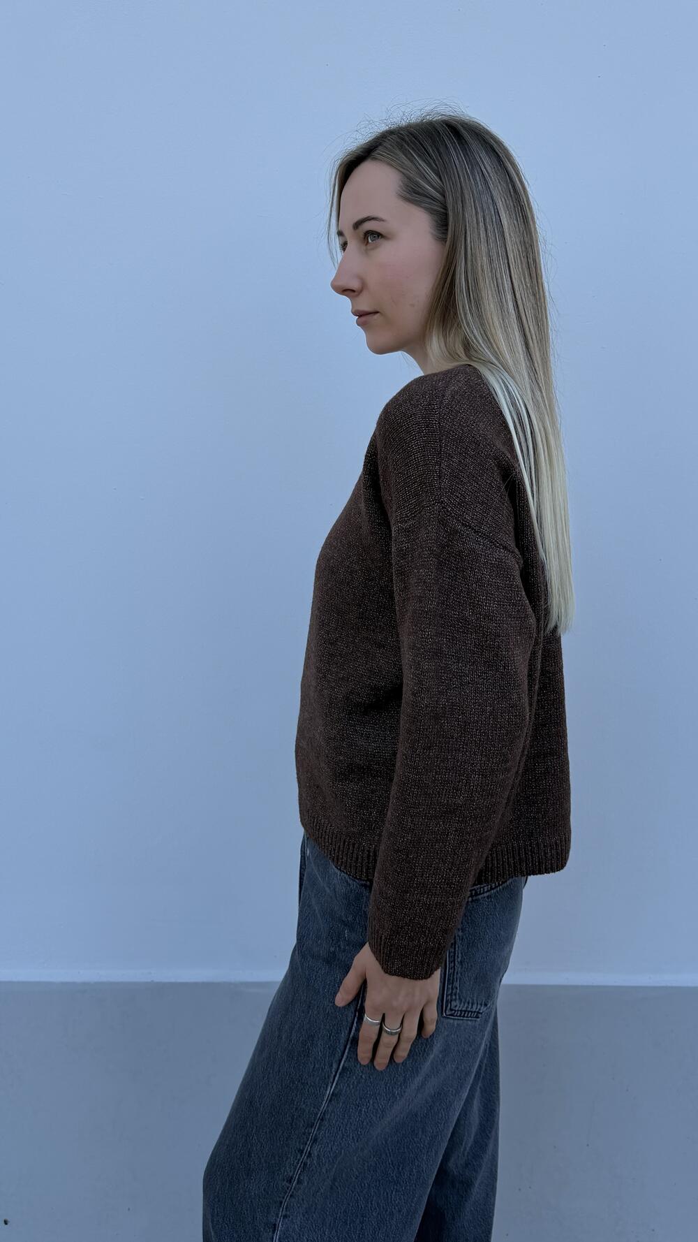 Светр з V вирізом меланжований Шоколадний, Oversize